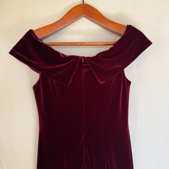 XSCAPE Burgundy Stretch Velvet Bardot Sweetheart Neck Formal Maxi Dress Size 14 - Picture 7 of 16